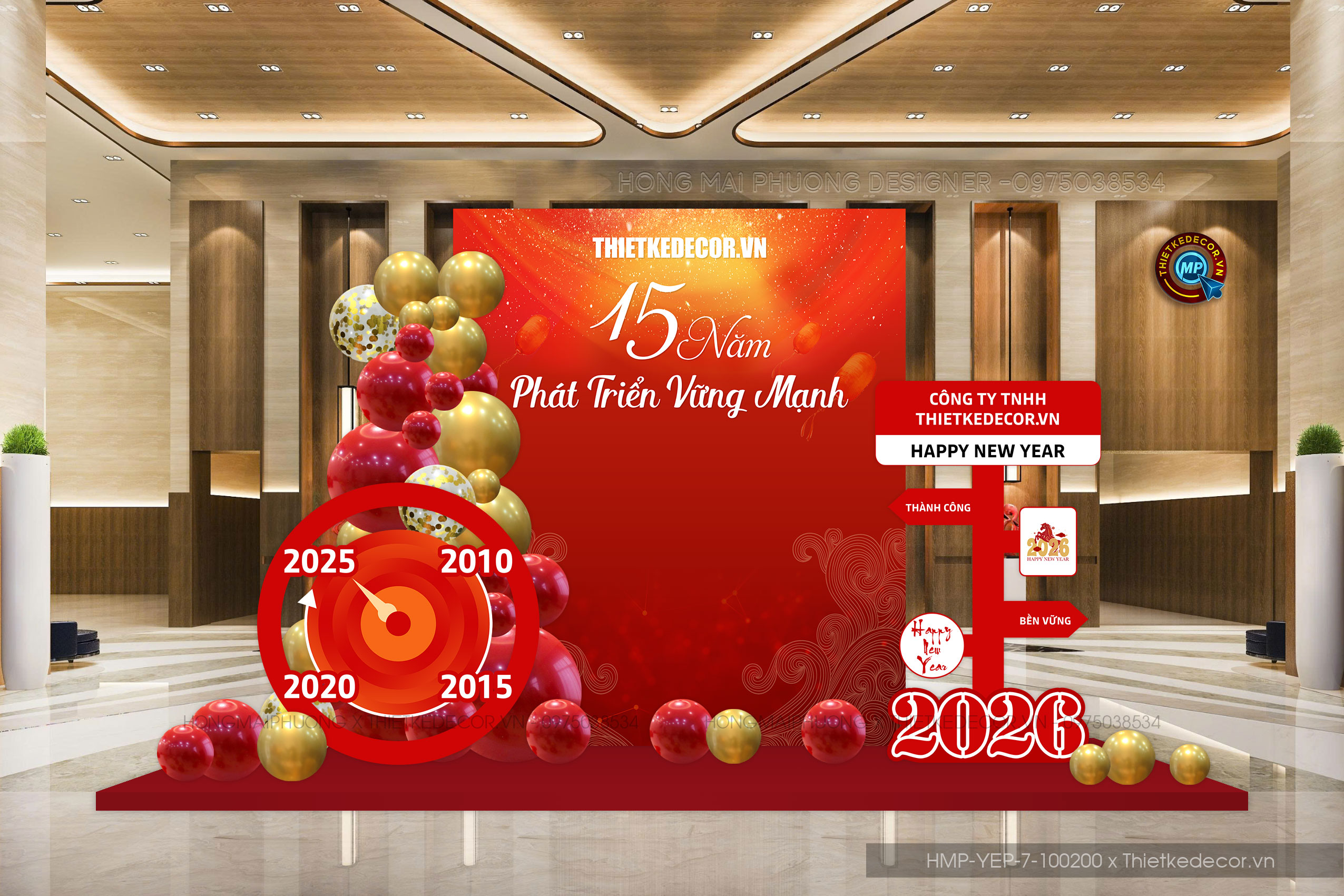 File thiết kế tiệc Tất niên 2025, Year End Party 2025 tone đỏ vàng trang trí bong bóng
